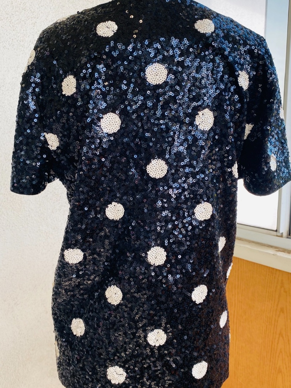 J. Crew Black Sequin Polka Dot Short Sleeve Top Size Large Holiday Party Sparkle - Picture 5 of 13